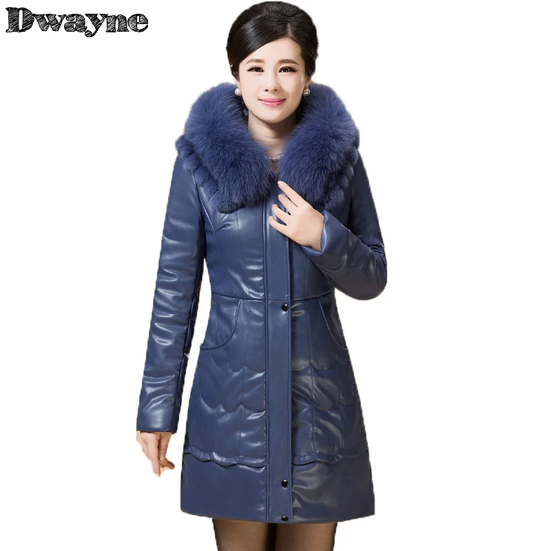 

Winter leather feather cotton jacket women medium long warm elderly leisure plus size loose thickening Outerwear female