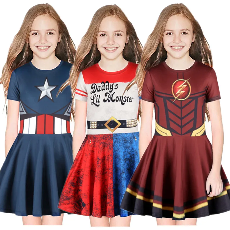Платье с короткими рукавами и принтом «Капитан Америка» для девочек, Flash, Halle Quin, милая плиссированная юбка с рукавами для детей, платье для костюмированной вечеринки на Хэллоуин