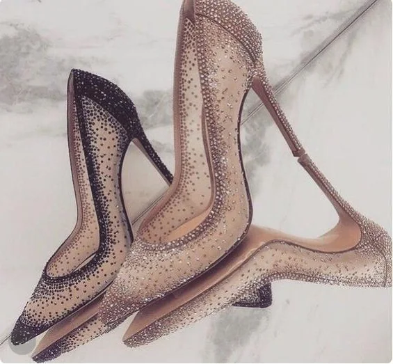 Sexy Mesh Rhinestone Patchwork High Heel Shoes Champagne Glittering Heels Pumps Bling Bling Crystal 