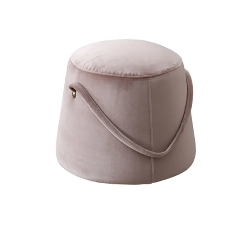 Modern Round Pouf Ottoman Upholstered Stool Tufted Fabric Footstool Indoor Portable Multi-functional Low Pouffe With Handles