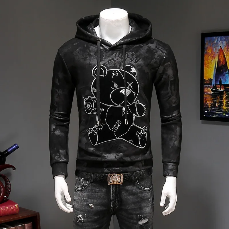 

2019 Mens Hoodies Bear Embroidery Full Pullover Hooded Sweatshirts Casual Fleece Streetwear Black Hoodie Sweat Capuche Homme