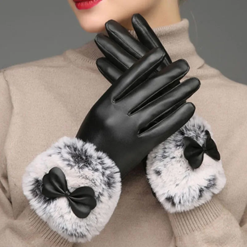 Для женщин теплые толстые Зимние перчатки Кожа PU Элегантные брендовые варежки Бесплатная Размеры с кроликом бархат мех Ветрозащитный