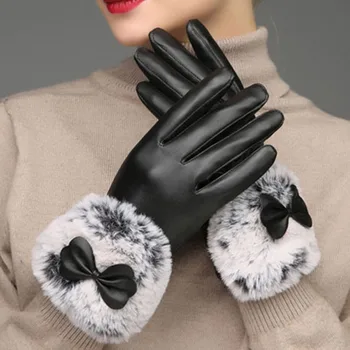 

Women Warm Thick Winter Gloves PU Leather Elegant Girls Brand Mittens Free Size With Rabbit Velvet Fur Windproof Driving Luvas