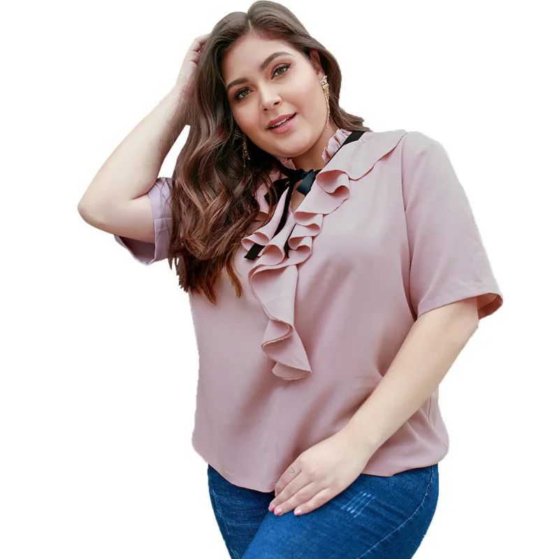 KM STYLISH Women Blouse Shirts Pink Female Big Size Plus Size 4XL Shirts Blusas Bow Short Sleeve Oversize Women Tops Mujer A058