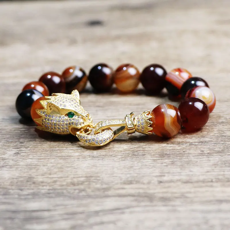 

12mm Natural Stone Faceted Coffee Stripe Agates Bracelets Women Jewelry Micro Pave Zircon Gold Leopard Animal Charm Bracelet