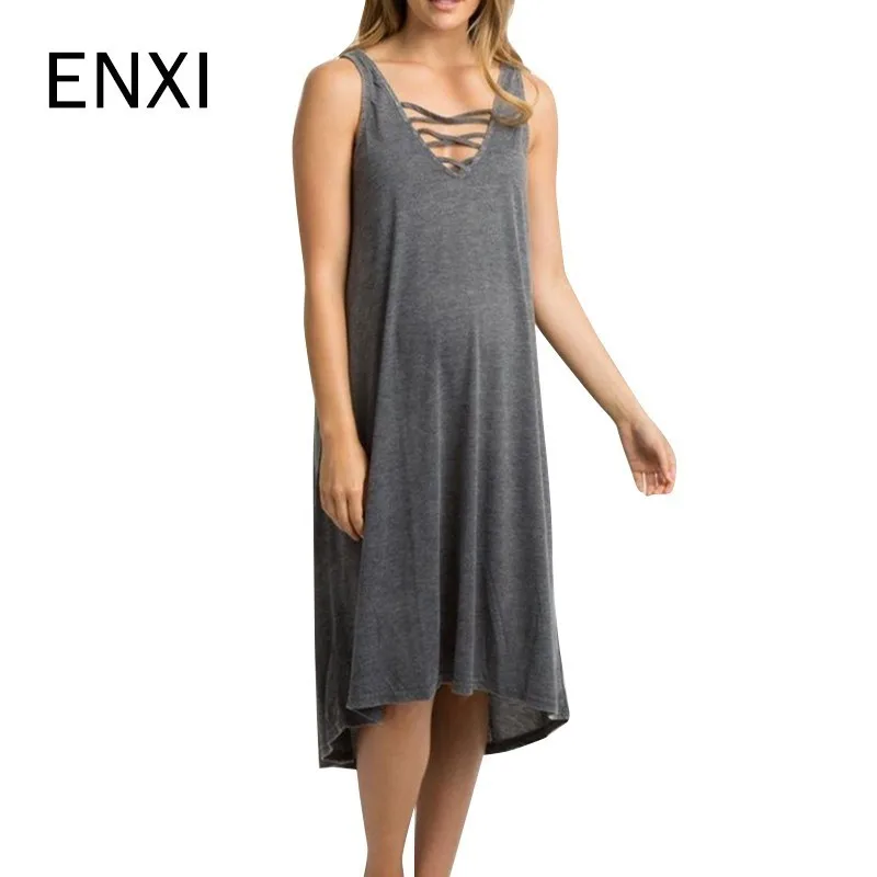 

ENXI Women Maternity Pregnancy Dress Long Maxi Sundress Sleeveless Solid Casual V-neck Summer Dress For Women