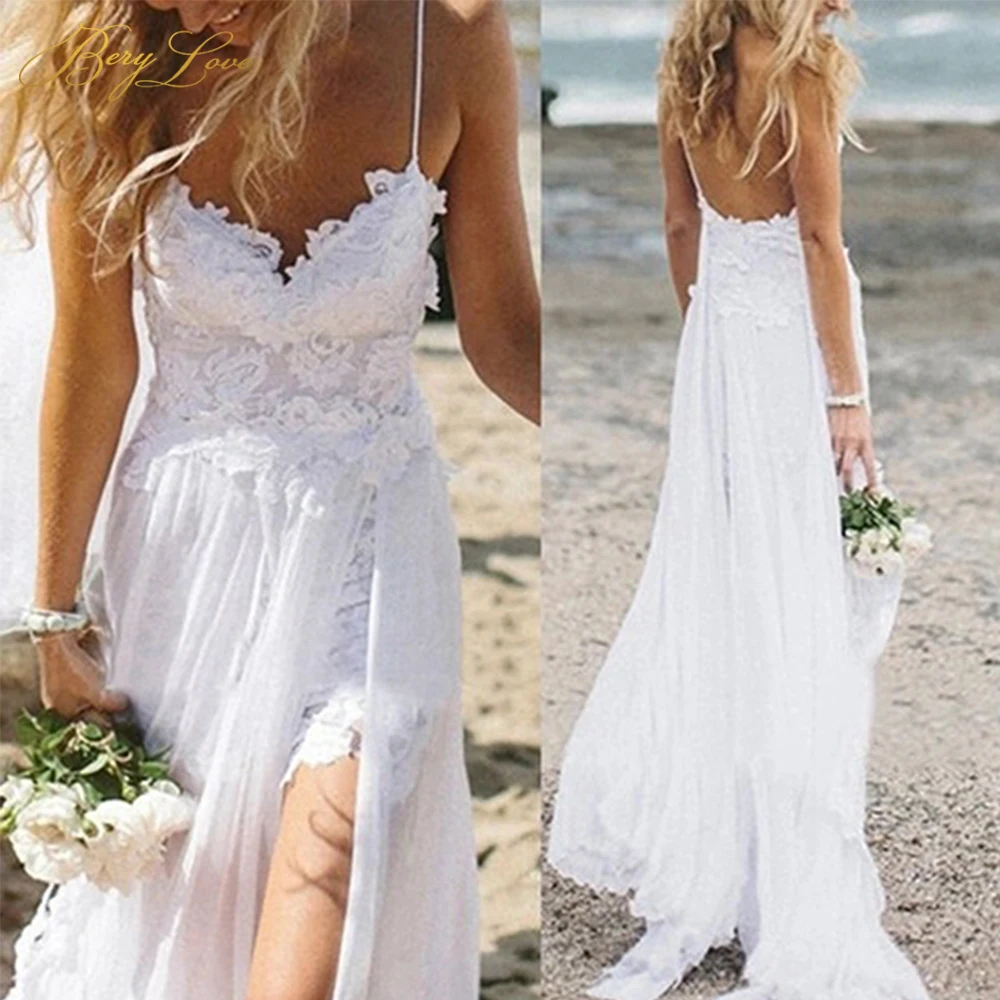 

BeryLove Ivory Straps Wedding Dress 2019 Sexy vestidos de novia Empire Open Back robe de mariee Beach Wedding Gown Bride Dress