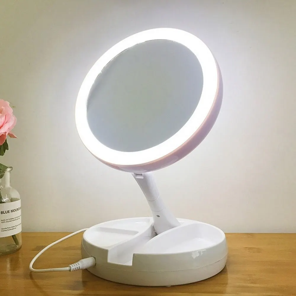 

Portable LED Folding Makeup 10x Magnifier Makeup Mirror with Light Desktop Make Up Mirror Tool with Storage Box