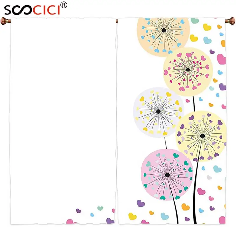 

Window Curtains Treatments 2 Panels,Colorful Abstract Dandelion Flowers with Cute Hearts Inside Floral Cartoon Romantic Artwork