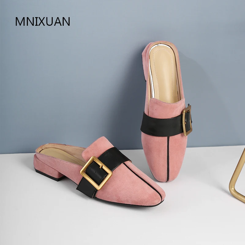 

MNIXUAN High quality casual women shoes 2019 spring square toe sheep suede ladies mules pump low heel rhinestone plus size 41 42