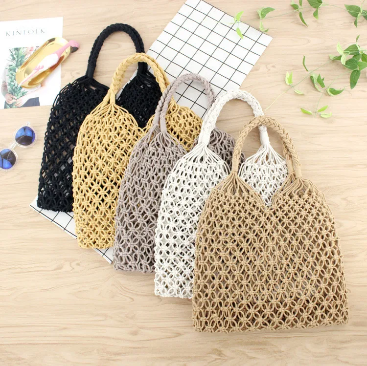 35x35CM Fashion Popular Woven Bag Mesh Rope Weaving Tie Buckle Reticulate Hollow Straw Bag No Lined Net Shoulder Bag