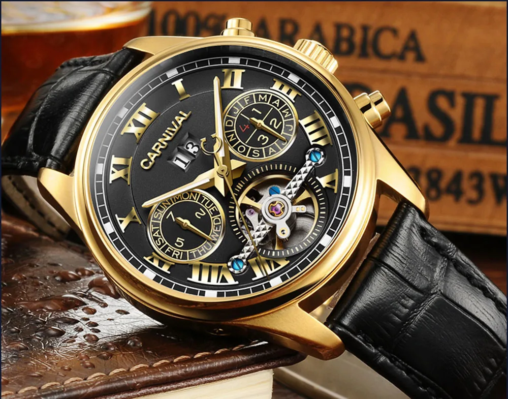 Carnival Tourbillon автоматические часы для мужчин Роскошные Золотые механические часы сапфировое стекло 30 м водонепроницаемые мужские часы reloj hombre