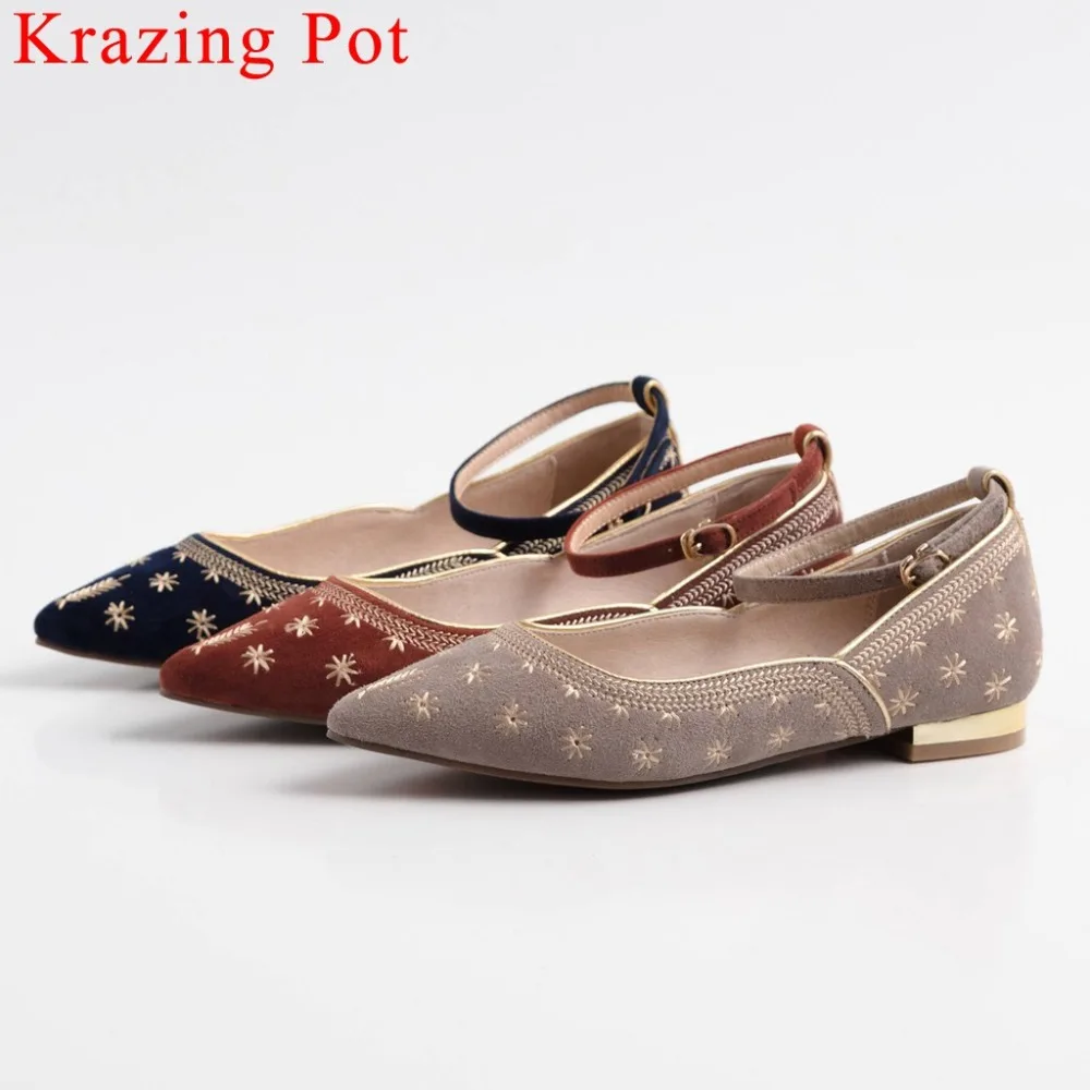 

Krazing Pot comfortable full grain leather pointed toe art girl big size loafers young girls embroidery pregnant women flats L27