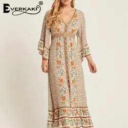 Everkaki Gypsy Платье макси с принтом Для женщин Boho пояса свободные V шеи Кнопки наручные богемный Для женщин длинное платье Женский 2019 новые