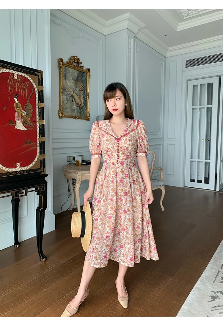 Летние романтические французские королевские винтажные приталенные платья с v-образным вырезом и цветочным принтом