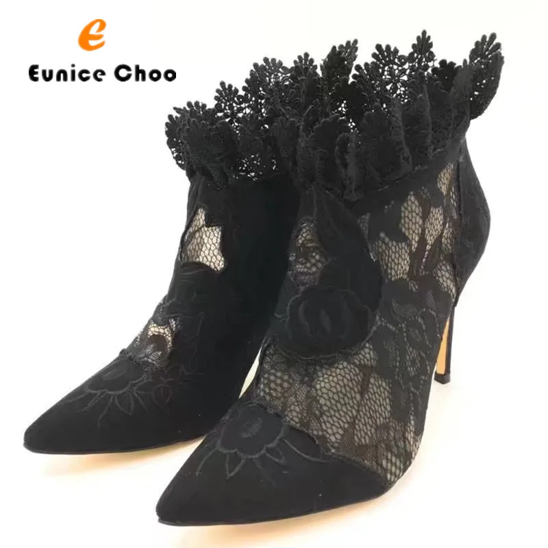 

Eunice Choo Leather Lace Mesh Patchwork Women Summer Boots Sexy Embroider Zipper Boots Pointed Toe Elegant Party Shoes Women