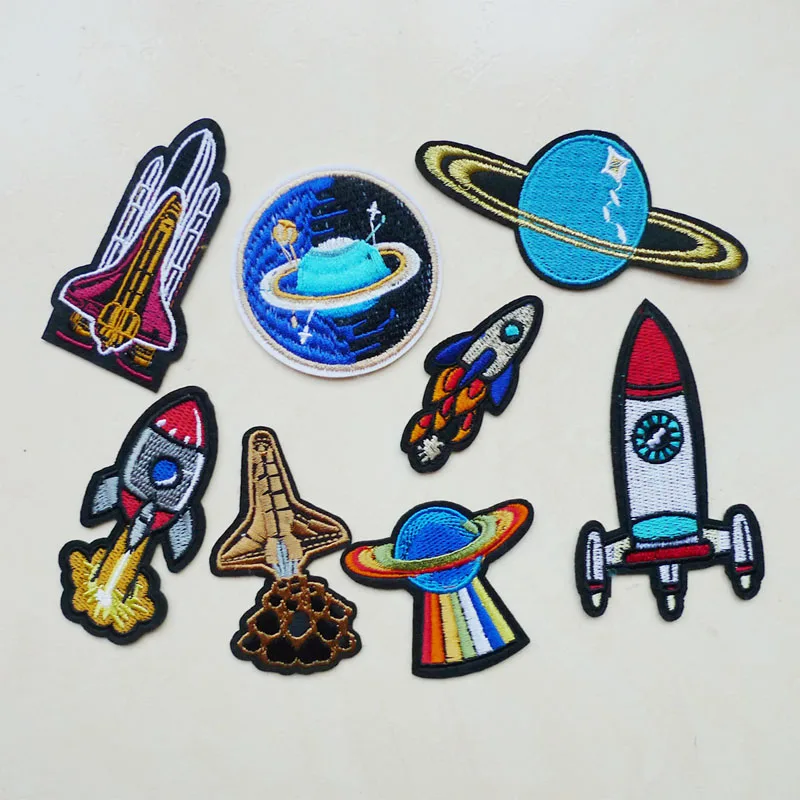 

1Pc UFO Space Astronaut Embroidery Patches for T-shirt Iron on Stripes Clothing Rocket Stickers Spaceship Aircraft Badges Decor