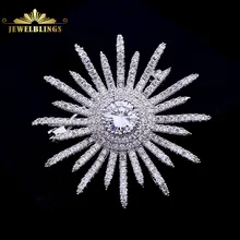 Bling Micro Pave CZ Round Stone Centered Star Burst Atomic Brooch Silver Multi Irregular Points Spiky Galactique Sun Burst Pins fabulous short tassel drops double yellow bird brooches silver tone micro pave cz green eyes two love birds pins for girlfriend