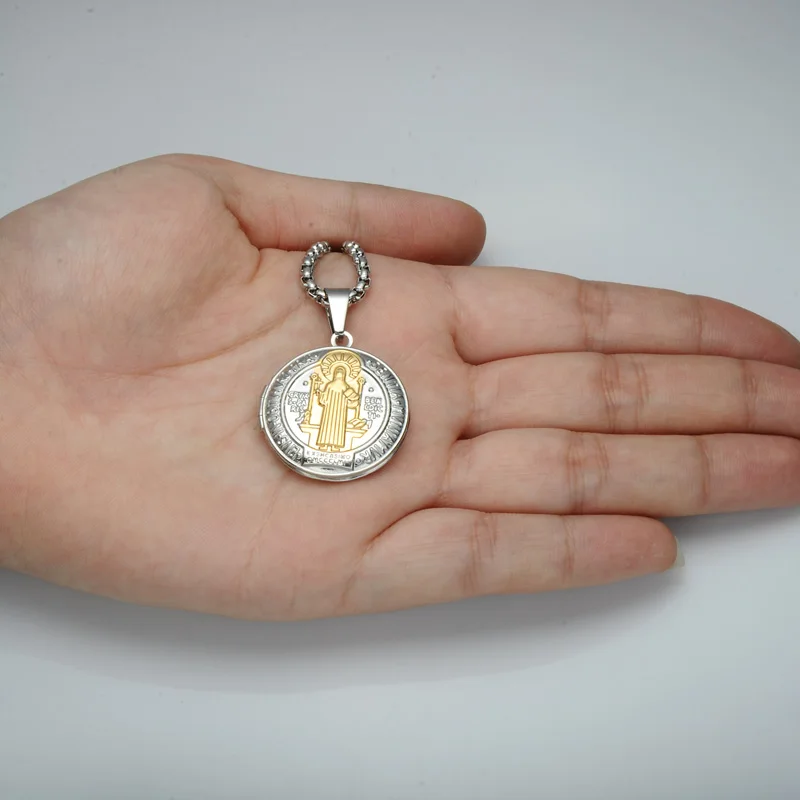 D& Z Сан Бенито Священная медаль подвеска Золото Нержавеющая сталь может открыть фоторамка подвески и ожерелья для Религиозные ювелирные изделия