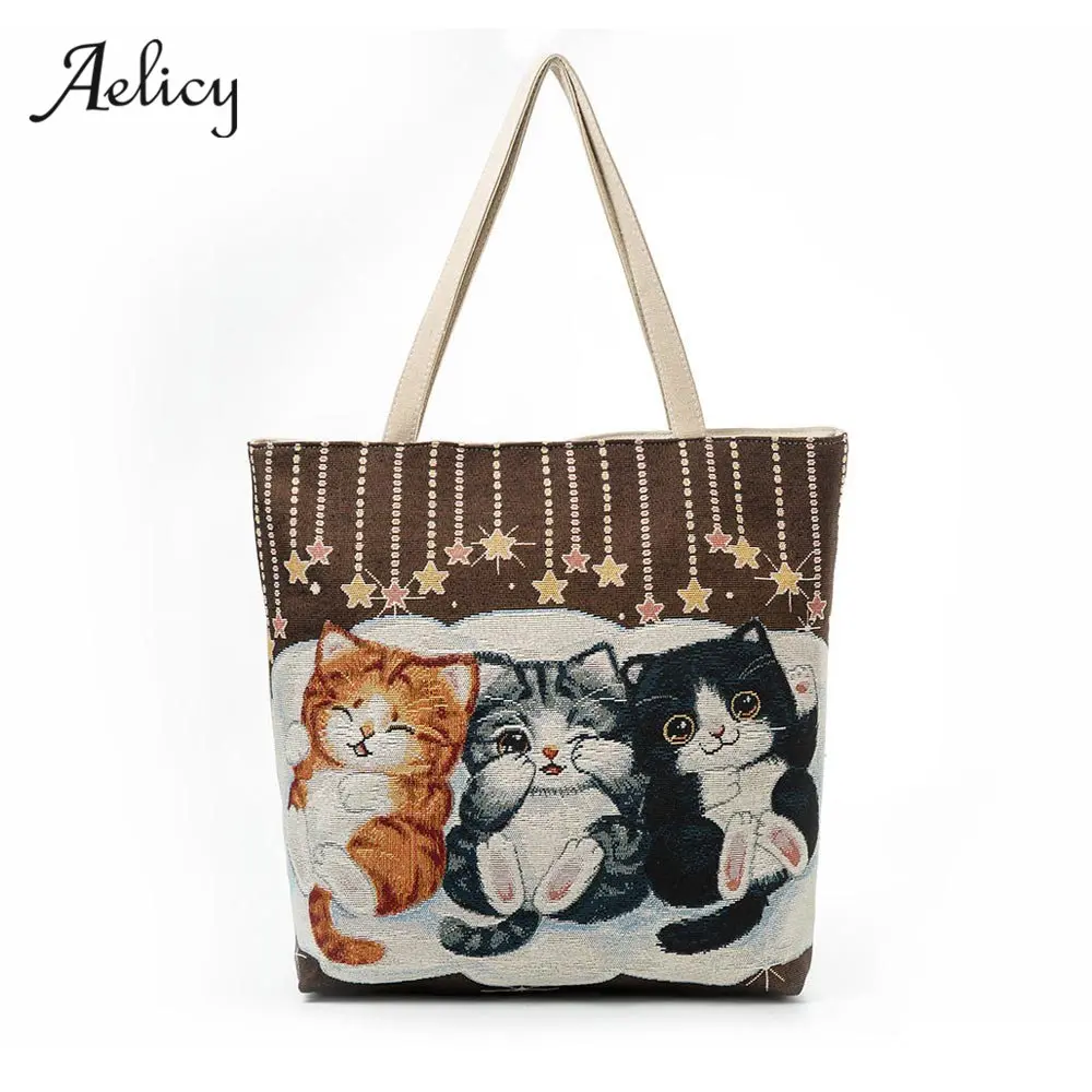 

Aelicy Luxury Women Canvas Cat Printed Canvas Tote Casual Beach Bags Women Shopping Bag Handbags Large Capacity Ladies Bolsas