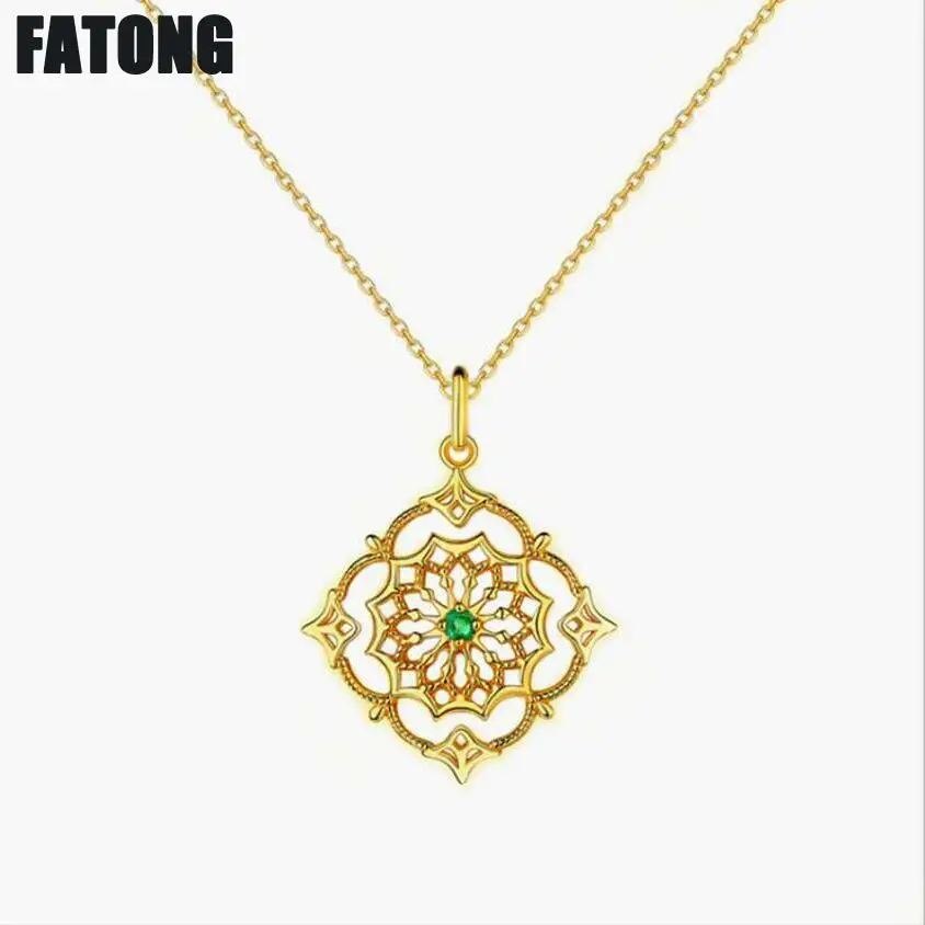 

New 925 sterling silver original hollow national wind emerald necklace female retro wild J0242