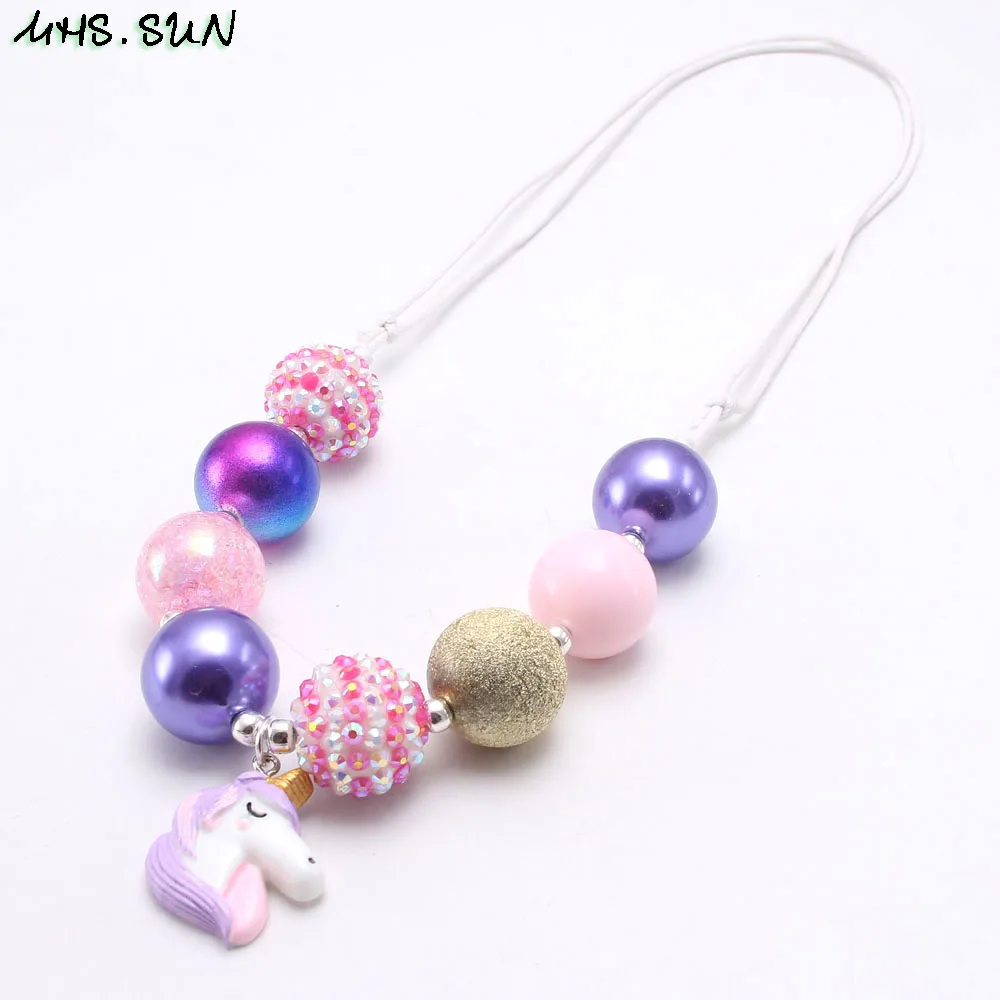 

MHS.SUN Original Design Cartoon Baby Bubblegum Beads Necklace Girls Fashion Unicorn Pendant Necklace For Kids Child Jewelry 1PC