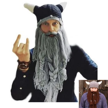 

New knit long beard hats Men's models Europe and America autumn and winter Viking horn wool hat Halloween creative funny hat