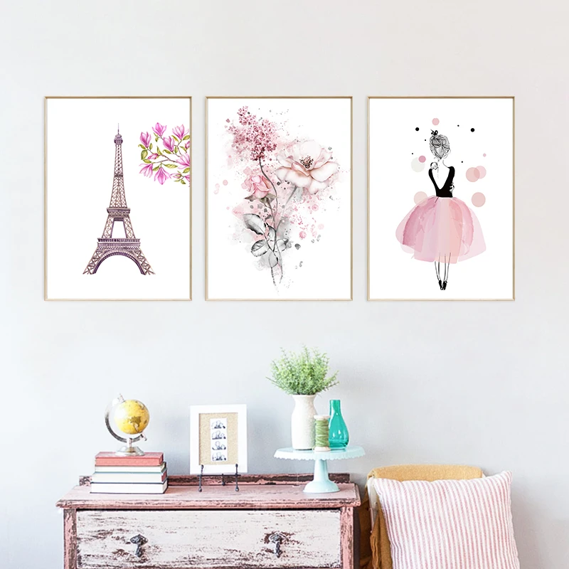 Modern-Flower-Pink-Fairy-Paris-Art-Poster-Nordic-Wall-Romantic-Art-Children-s-Girls-Living-Room