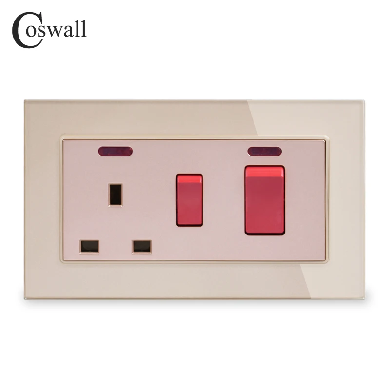 COSWALL 45A DP переключатель для настенной плиты Электрический+ 13A BS UK Стандартный переключаемый разъем с неоновой панелью из закаленного стекла размером 3x6