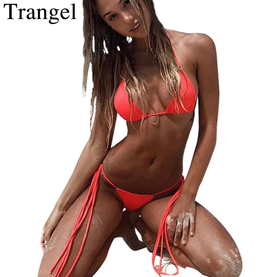 

Trangel brazilian bikini thong bottom adjustable side ties swimwear women halter swimsuit micro biquinis feminino bathing suit