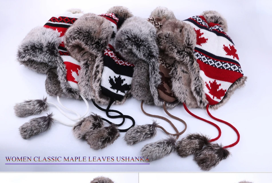 Women Faux Fox Fur Pompom Russian Ushanka Wool Knitted Earflap Bomber Trapper Hat Winter Snow Ski Cap Maple Leaf Pilot Trooper