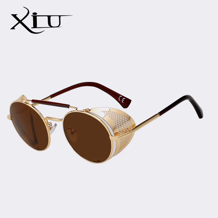 XIU стимпанк Металлические Мужские Солнцезащитные очки Ретро винтажные мужские женские брендовые дизайнерские солнцезащитные очки модные Шикарные очки UV400 - Цвет линз: Gold w brown