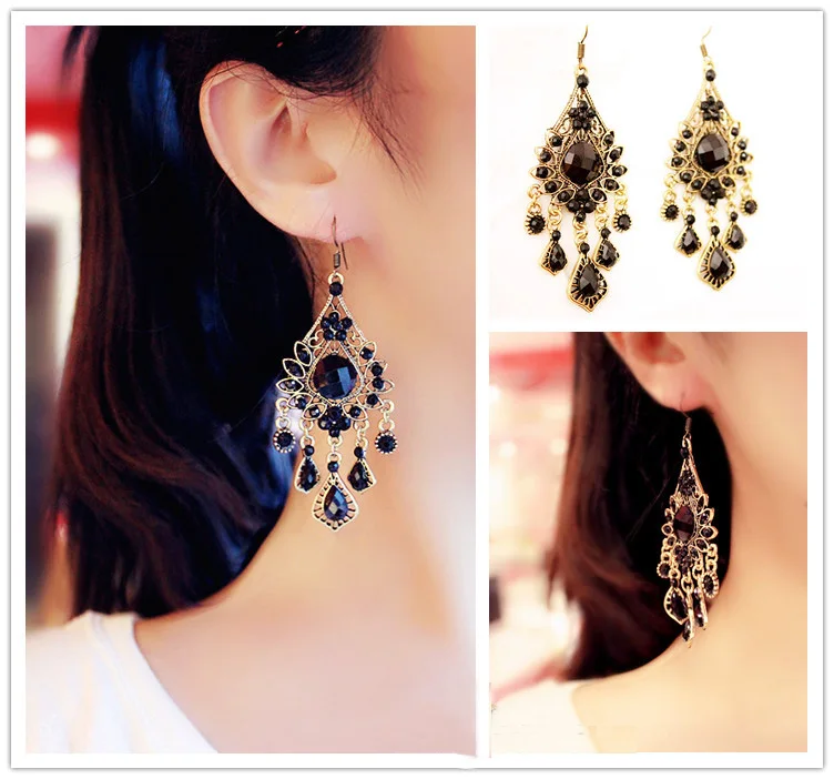 

SHUANGR 2016 Retro Gold Color Bohemia Black Resin Beads Royal Vintage Drop Earrings For Women Lady Dangle Jewelry Bijouterie