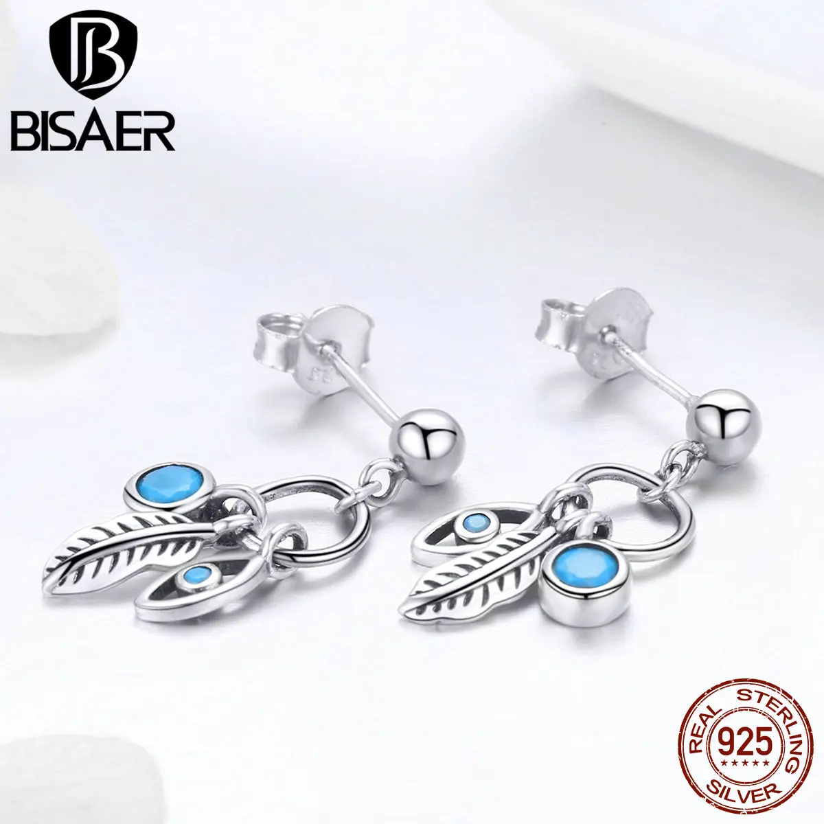 

BISAER Earrings Genuine 925 Sterling Silver Bohemia Style Feather Tiny Dangle Earrings Fashion Femme Female Jewelry Bijou HSE436