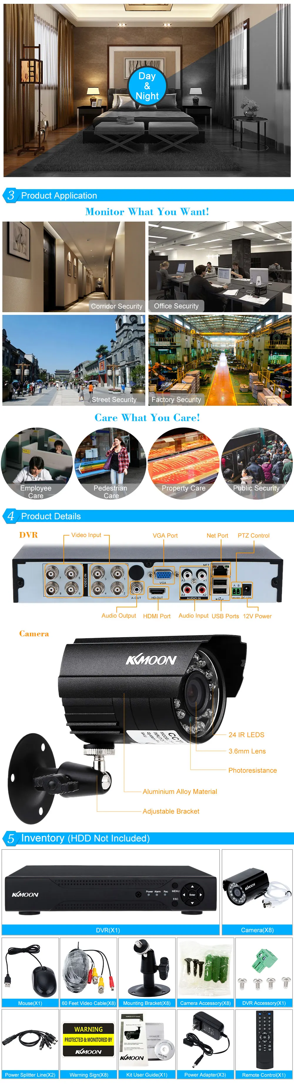 KKMOON 8CH AHD 960H CCTV DVR HDMI с 8 шт 720P IR-CUT День Ночь наружная водонепроницаемая система видеонаблюдения