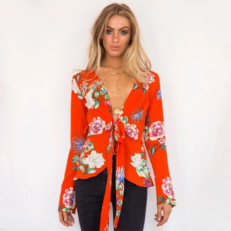 Lossky Floral Striped V Neck Lace-Up Blazer Feminino Autumn Long Sleeve Shirts Fashion Women Blazer Jackets Coat Officewear Tops