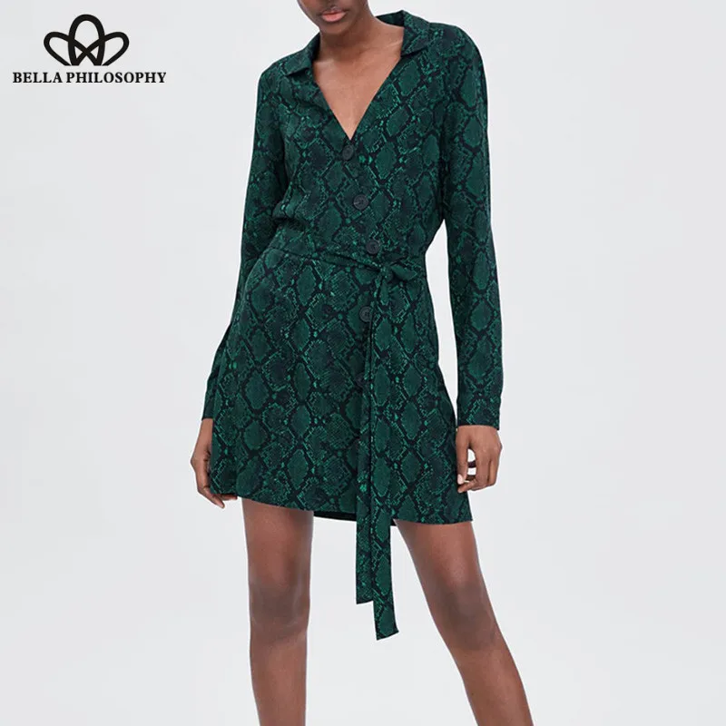 Wonder 18 new autumn Long Sleeve V-Neck Mini Dress Vintage Female Snake Animal Print Sexy Dress Casual Sashes Lady Button Dress