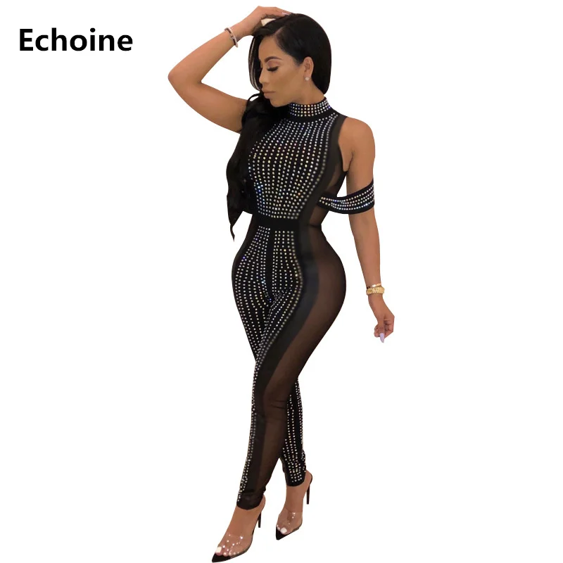 Women Sexy Sheer Mesh Sequin Jumpsuit Bodycon Clubwear Outfit Patchwork