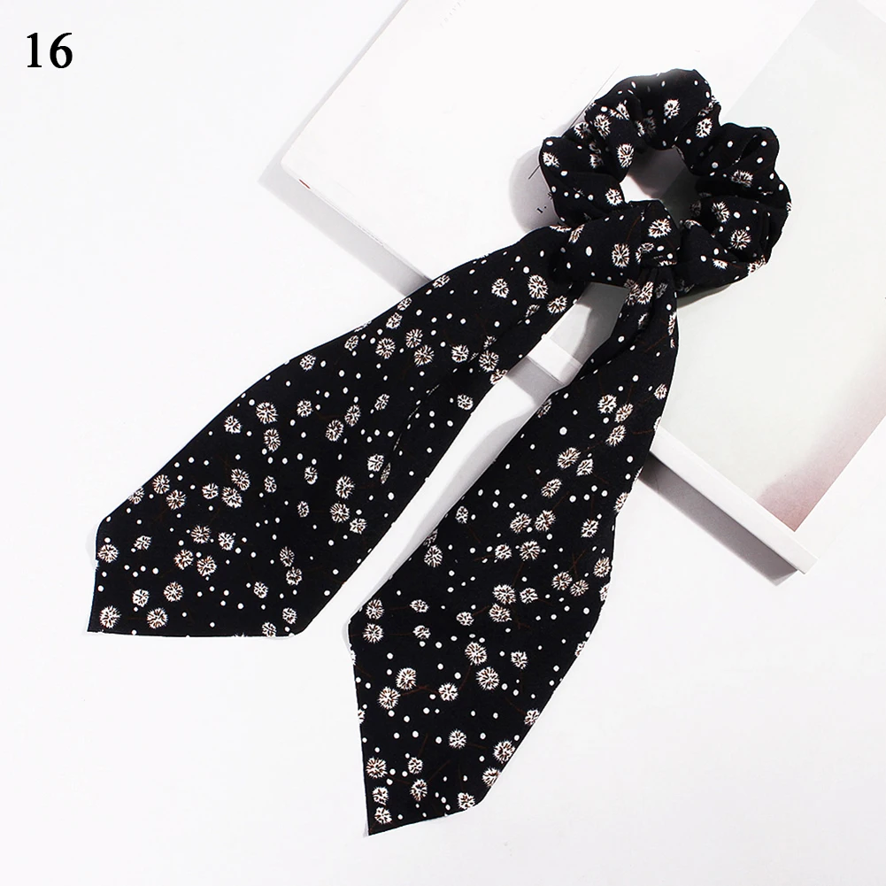 DIY Solid/Floral Print Bow Satin Long Ribbon Ponytail Scarf Hair Tie Scrunchies Women Girls Elastic Hair Bands Hair Accessories - Цвет: A16