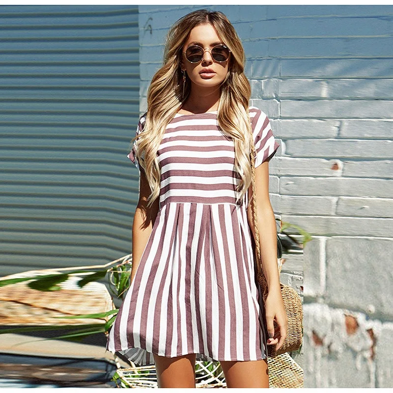Lossky Women Summer Beach Dress A-Line Striped Short Sleeve O-Neck Print Dresses Casual Pink Mini Style Dress 2018 Sexy Sundress Dresses