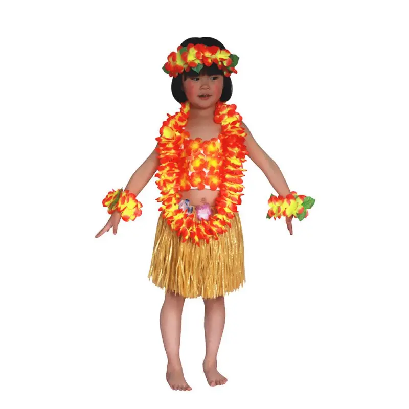 2 x 30cm Orange Kids Hawaiian Tropical Hula Grass Skirts with Flowers Theming