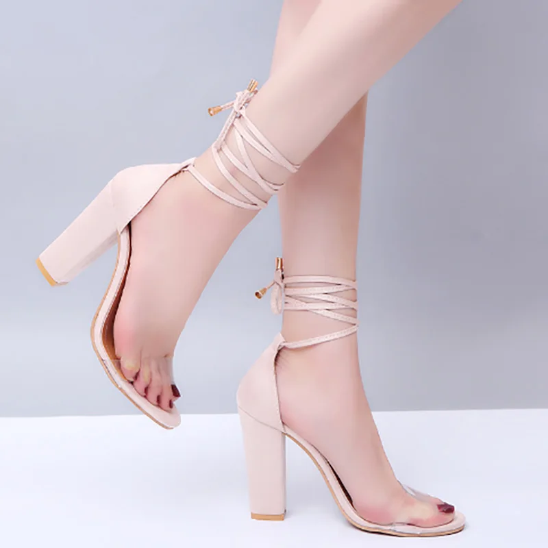 

Large size hot sale factory sandals clear straps chunky heel for ladies cross lace up popular female sandals shoes for summer