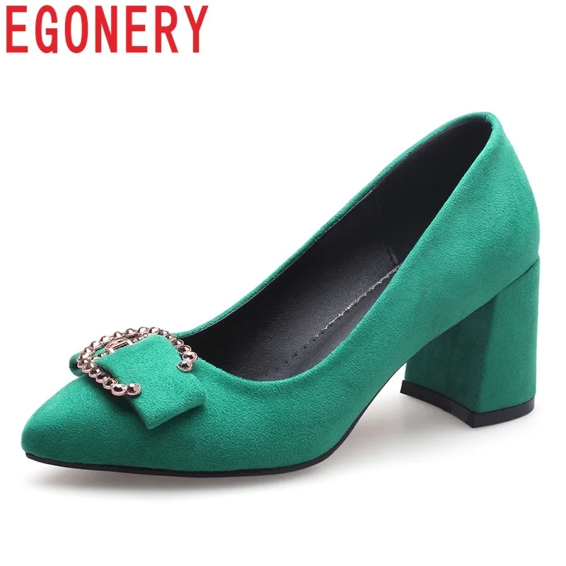 

EGONERY shoes women 2019 spring new fashion metal decoration flock women pumps med hoof heels pointed toe shallow outside shoes