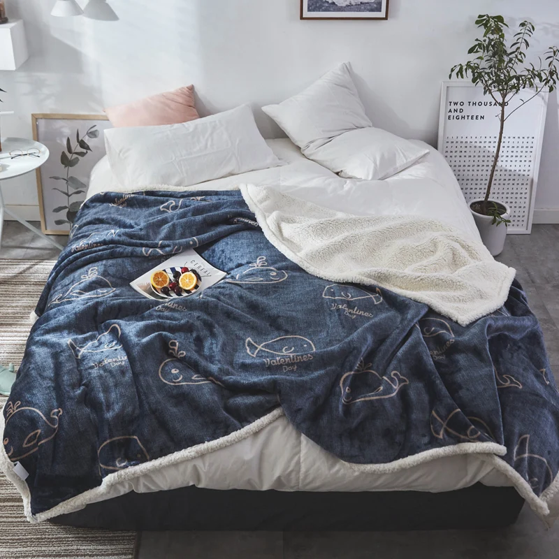 

Warm Soft Gold Velvet Blankets Double Layer Thick Plush Throw on Sofa Bed Plane cartoon whale blue Bedspreads Home Textile 1PC