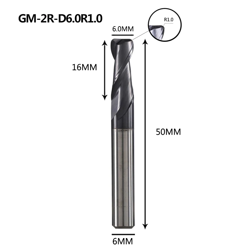 GM-2R Вольфрамовая сталь 2 Флейта радиус с угловым покрытием Концевая фреза Фрезерный резак режущие инструменты для обработки металла профиль HRC45 - Длина режущей кромки: GM-2R-D6.0R1.0