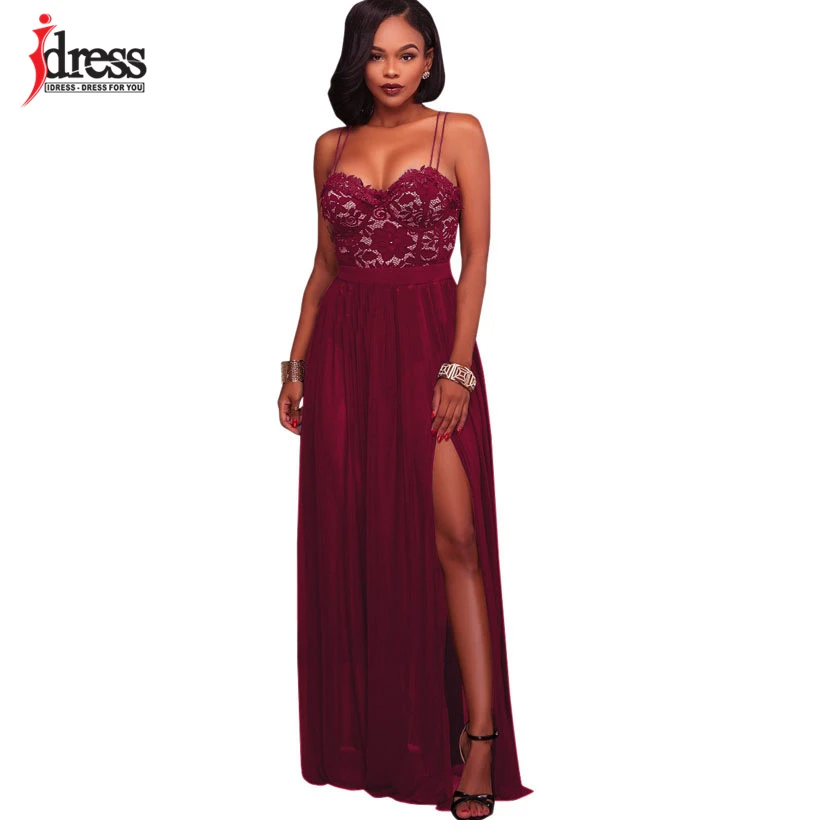IDress 2017 Spaghetti Strap Black Lace Dress Women Party Elegant Floral Lace Chiffon Dress Floor Length Split Women Long Dress (12)