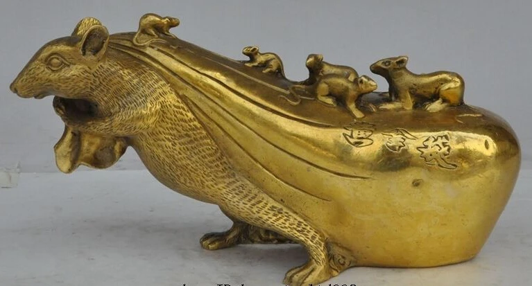 

25@g++8" chinese fengshui brass zodiac animal mouse mice rat wealth money bag statue