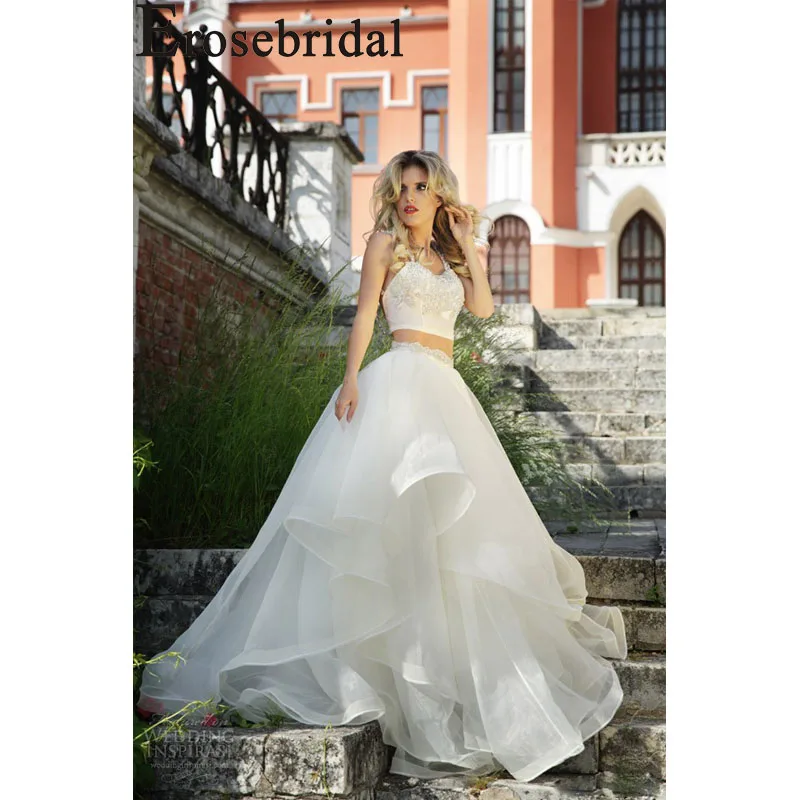 Erosebridal Новое поступление, свадебное платье из двух частей, укороченный топ, платье для невесты без спинки, свадебное Тюлевое гофрированное свадебное платье