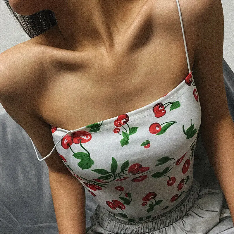 

Women Sexy Strappy Cherry Print Crop Top Summer Beach Slim Vest Elastic Tank Top