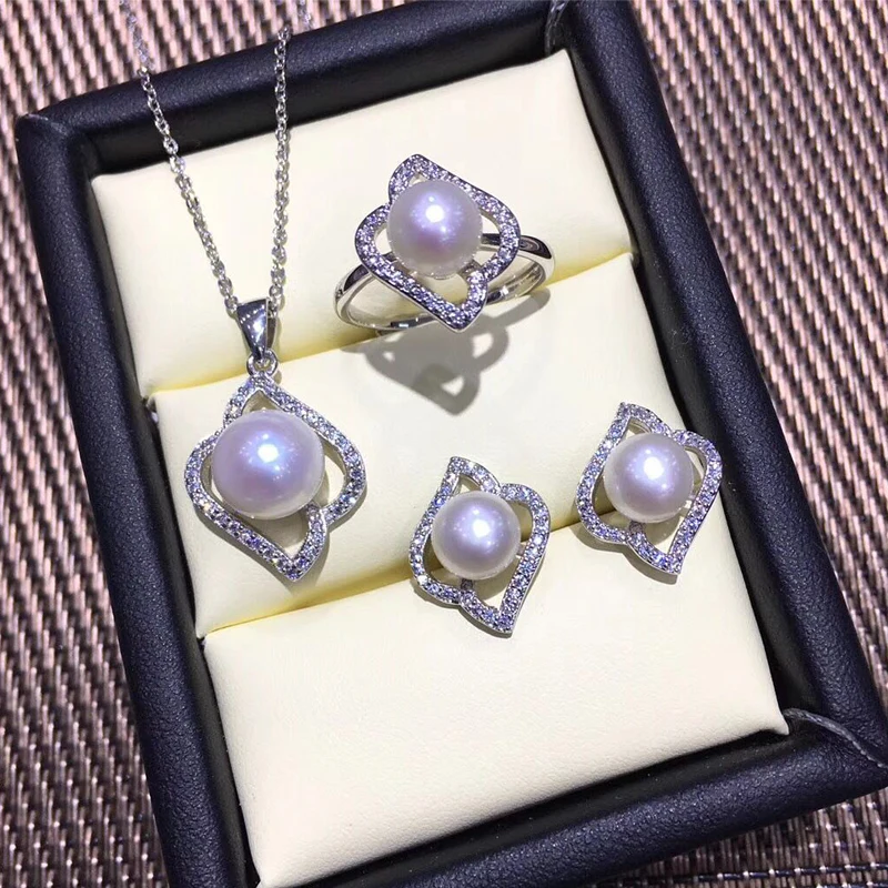 

FENASY pearl Jewelry sets Pearl Pendant Necklace 925 sterling silver stud earrings for women big ring bridal fine jewelry